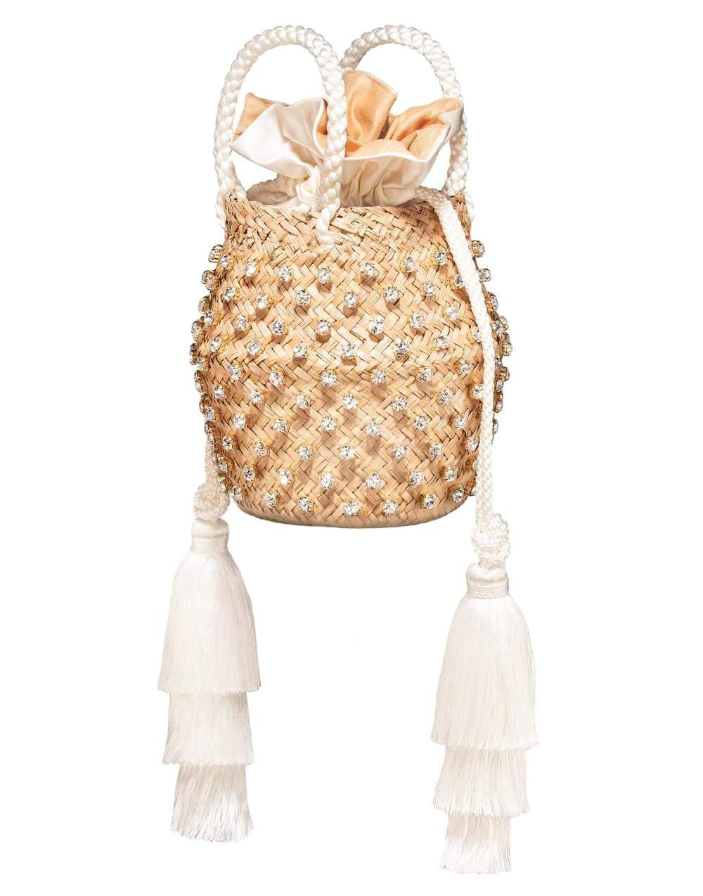 LE NINE-Cream Carol Small Tassel Bag with Crystals-BISCOTTO