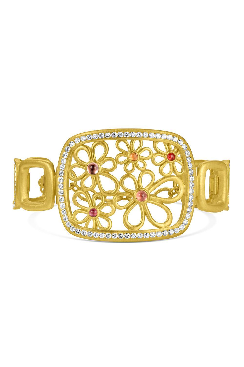 Pink Sapphire Flora Frame Bracelet-YELLOW GOLD-8.5-JEWELRYFINE JEWELBRACELET O-LEIGH MAXWELL