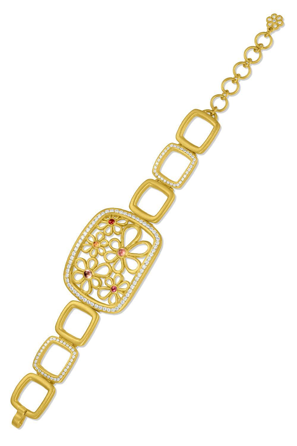 Pink Sapphire Flora Frame Bracelet-YELLOW GOLD-8.5-JEWELRYFINE JEWELBRACELET O-LEIGH MAXWELL