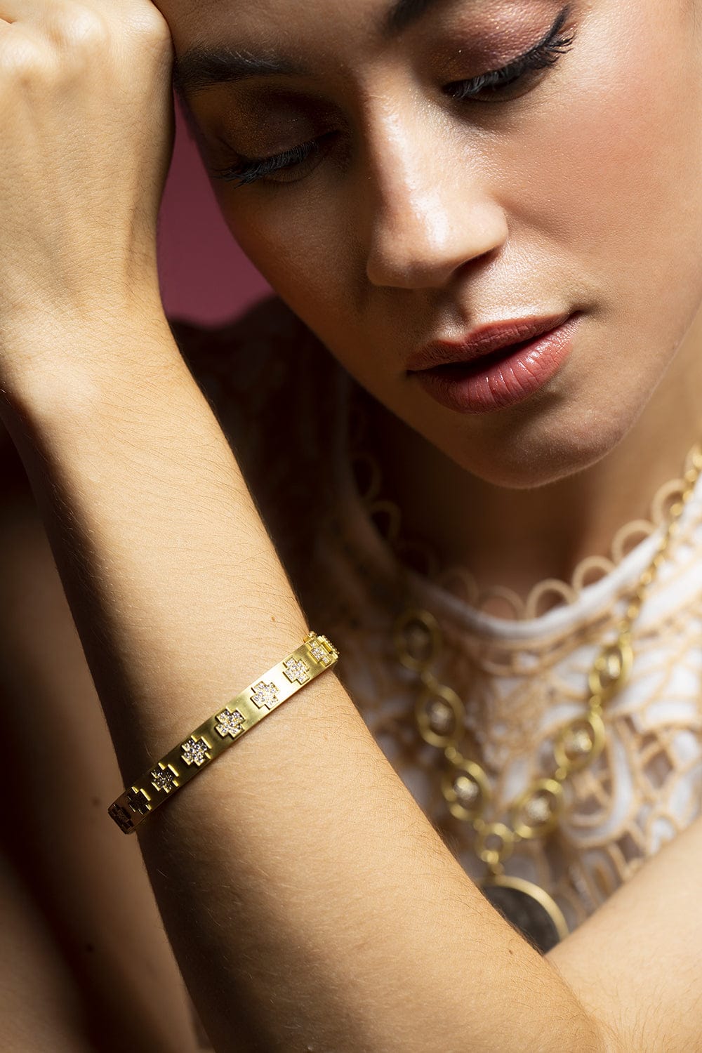 LEIGH MAXWELL-Pave Cross Hinged Bangle-YELLOW GOLD