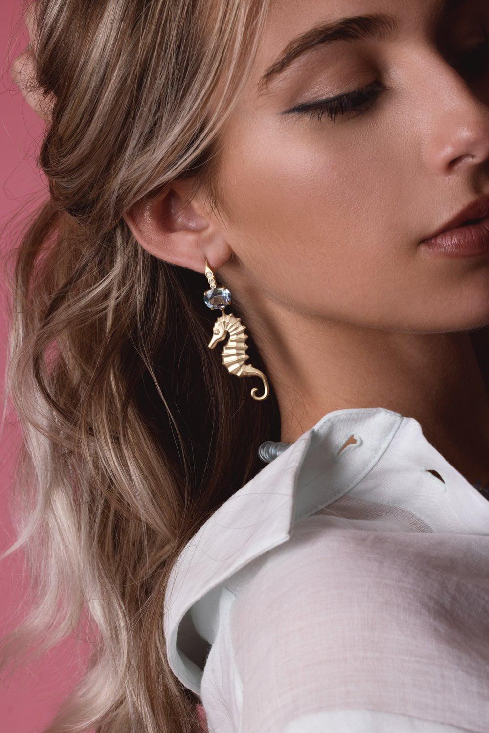 LEIGH MAXWELL-Aquamarine Seahorse Earrings-YELLOW GOLD