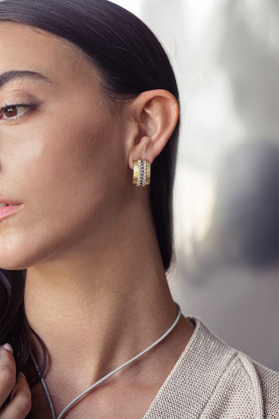 LEIGH MAXWELL-Blue Sapphire Omega Earrings-YELLOW GOLD