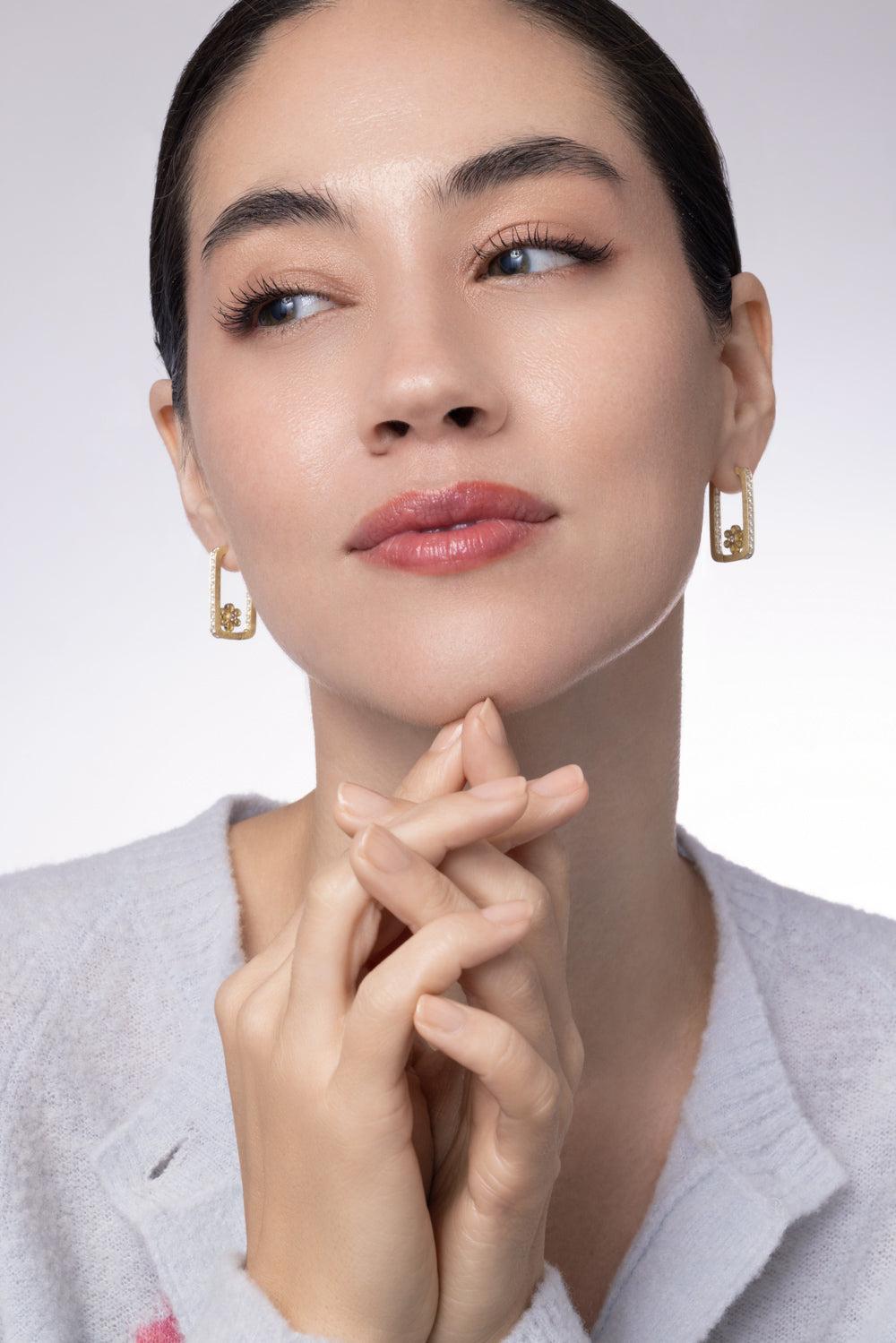 Diamond Flower Rectangle Hoop Earrings-YELLOW GOLD-JEWELRYFINE JEWELEARRING-LEIGH MAXWELL