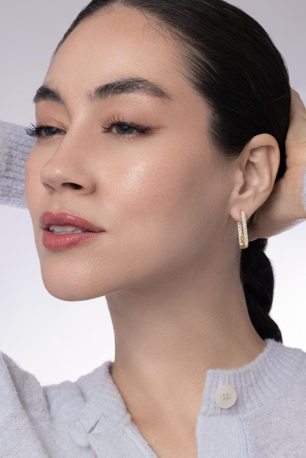 Diamond Flower Rectangle Hoop Earrings-YELLOW GOLD-JEWELRYFINE JEWELEARRING-LEIGH MAXWELL