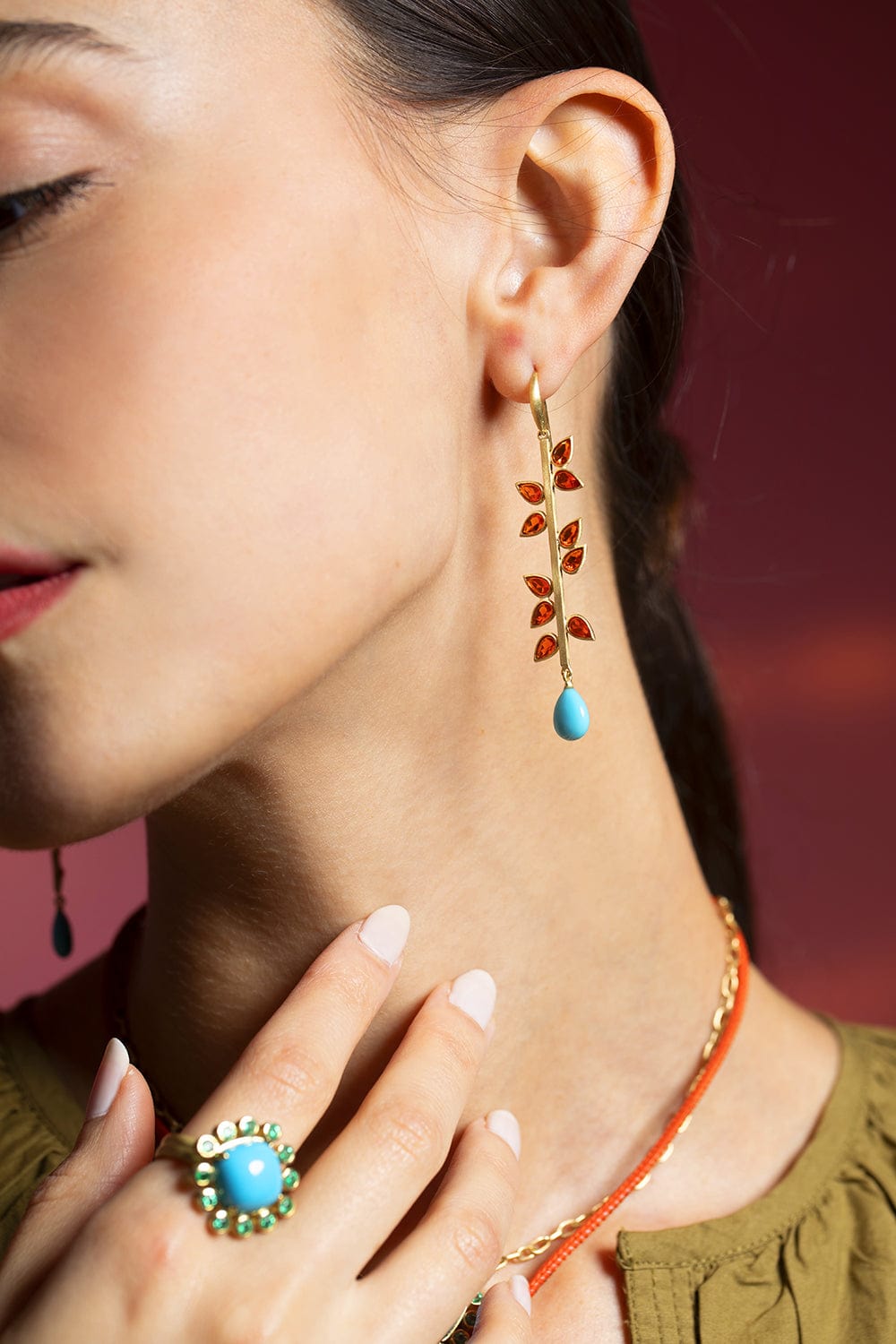LEIGH MAXWELL-Fire Opal and Turquoise Bahari Stick Earrings-YELLOW GOLD