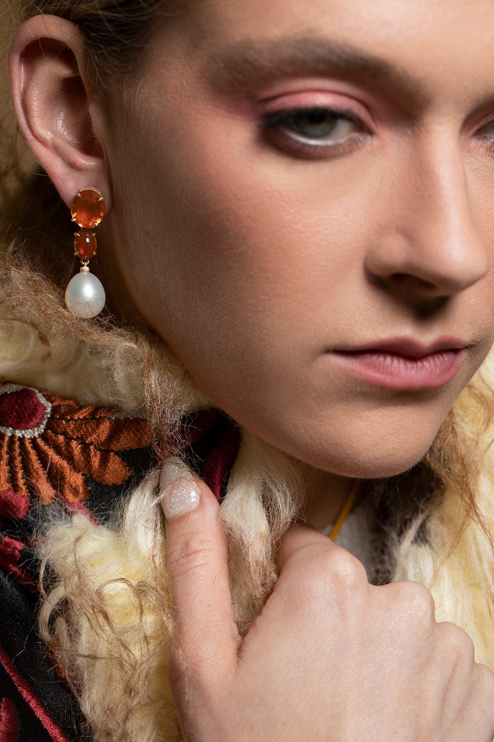 LEIGH MAXWELL-Fire Opal Gemmy Pearl Drop Earrings-YELLOW GOLD