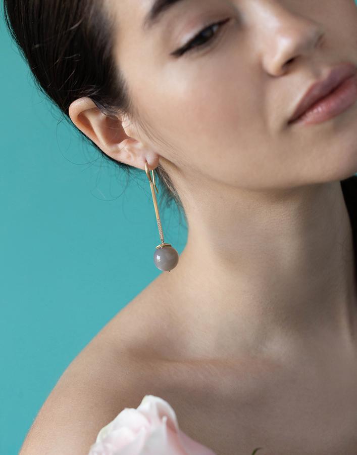 LEIGH MAXWELL-Grey Moonstone and Diamond Short Bar Earrings-YELLOW GOLD