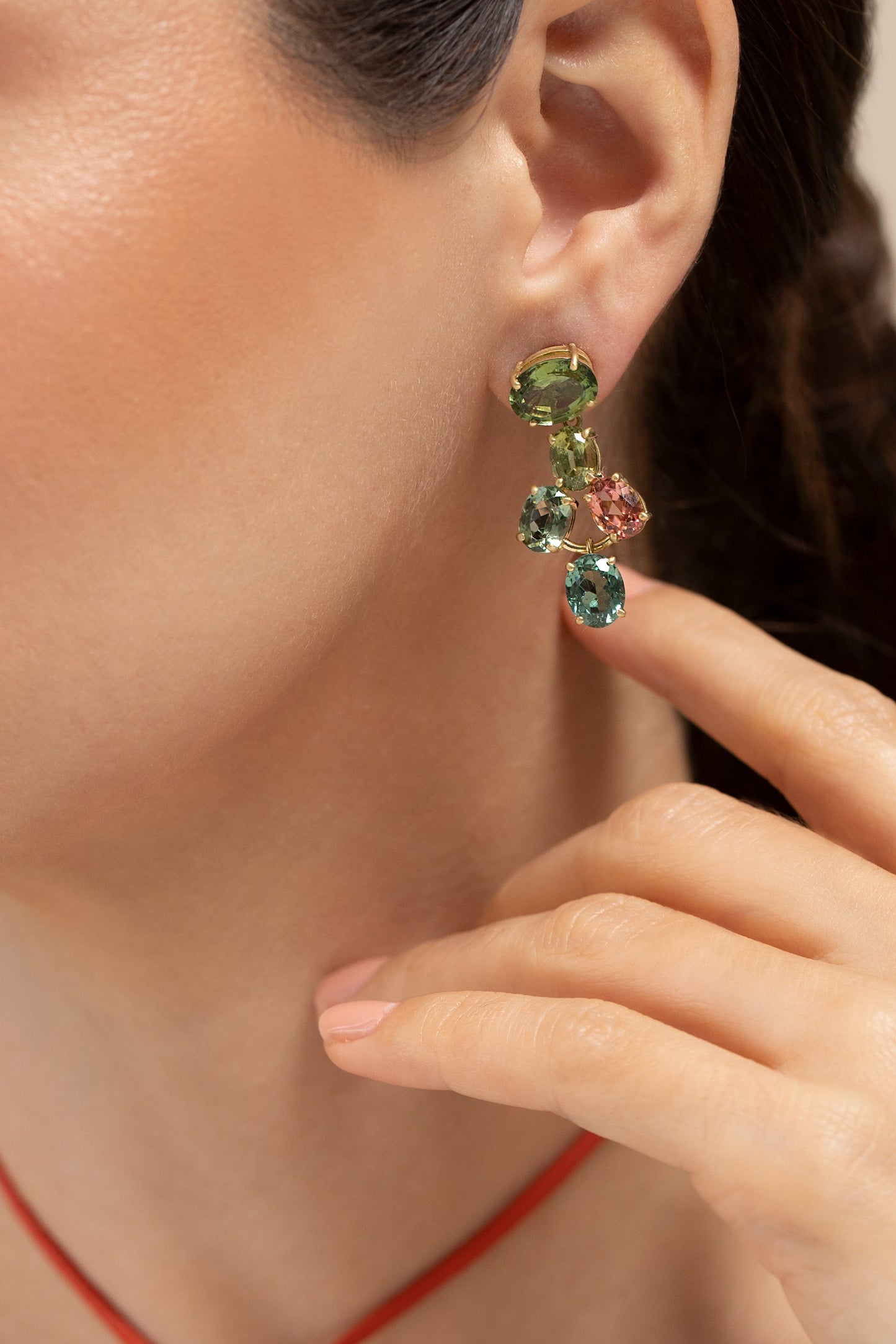 LEIGH MAXWELL-Mixed Tourmaline Amal Drop Earring-YELLOW GOLD