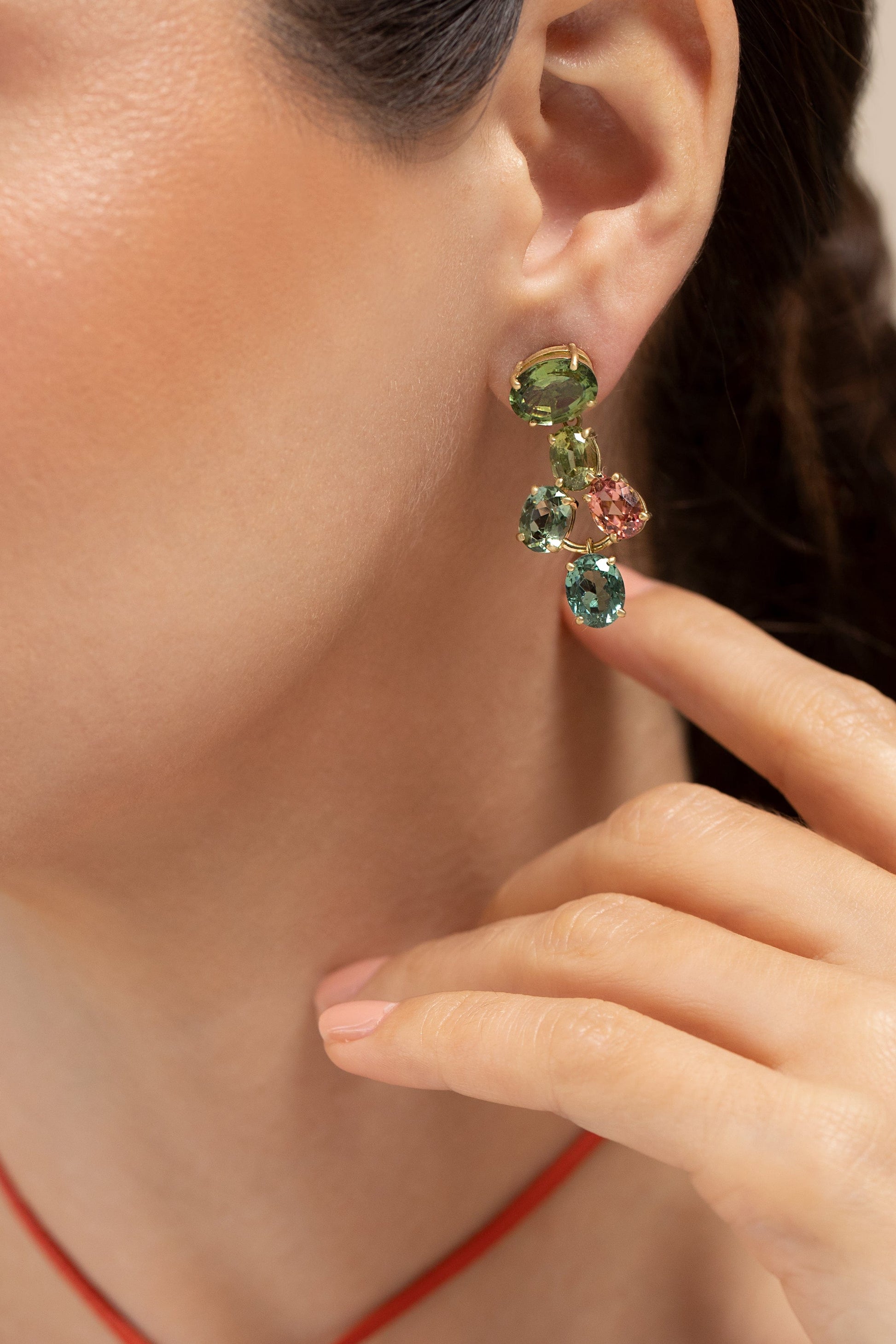 LEIGH MAXWELL-Mixed Tourmaline Amal Drop Earring-YELLOW GOLD