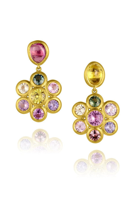 Multi Sapphire Flower Earrings-YELLOW GOLD-JEWELRYFINE JEWELEARRING-LEIGH MAXWELL