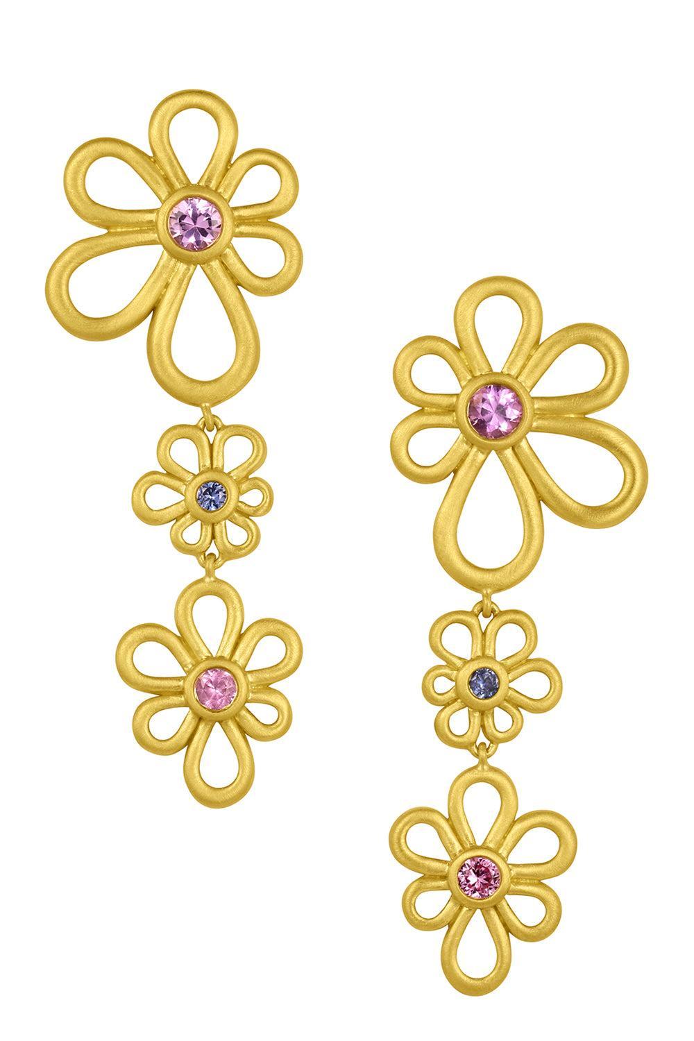Multi Sapphire Long Flora Earrings-YELLOW GOLD-JEWELRYFINE JEWELEARRING-LEIGH MAXWELL