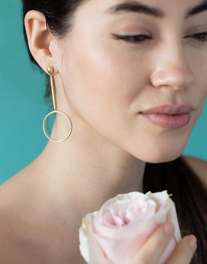 LEIGH MAXWELL-Pink Pave Diamond Circle Drop Earrings-YELLOW GOLD