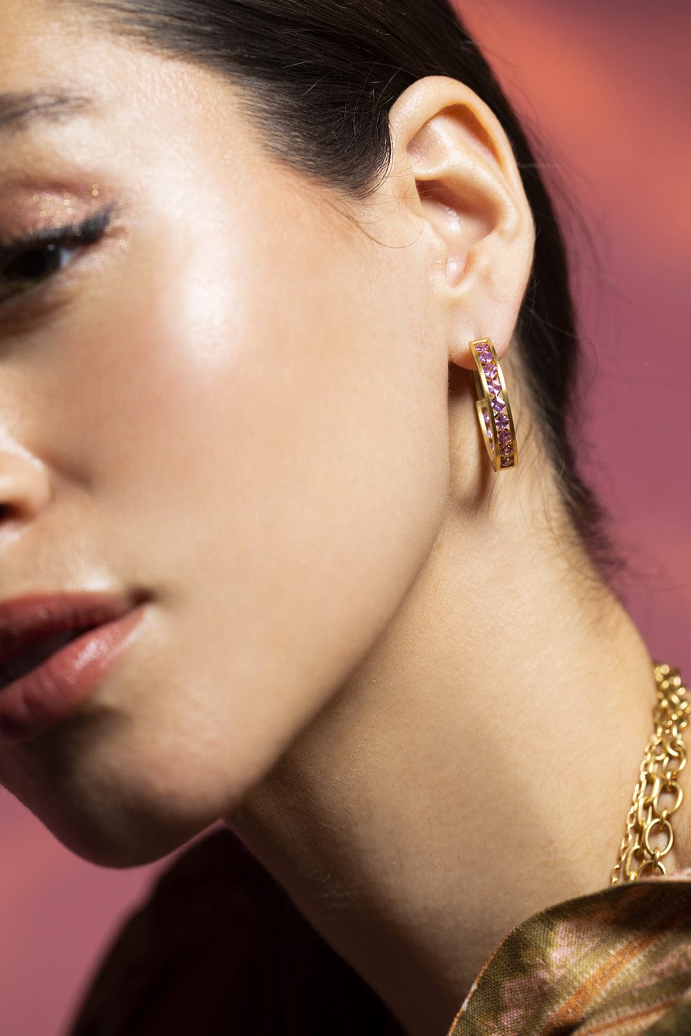 LEIGH MAXWELL-Pink Sapphire Ameerah Hoops-YELLOW GOLD