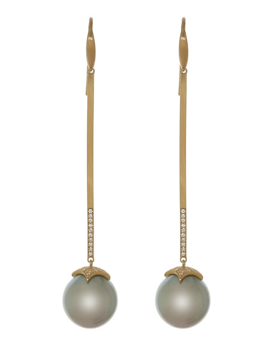LEIGH MAXWELL-Tahitian Pearl and Diamond Long Bar Earrings-YELLOW GOLD
