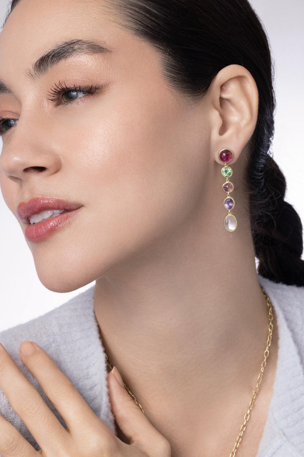Tourmaline Moonstone Spinel Mixed Gemstone Line Earrings-YELLOW GOLD-JEWELRYFINE JEWELEARRING-LEIGH MAXWELL