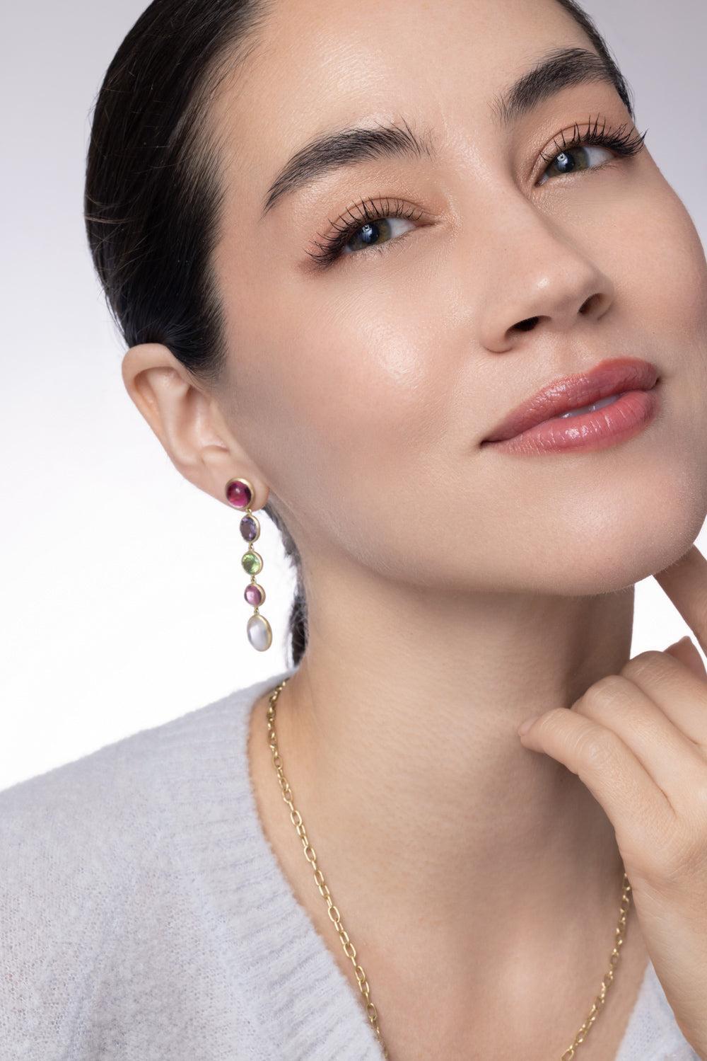 Tourmaline Moonstone Spinel Mixed Gemstone Line Earrings-YELLOW GOLD-JEWELRYFINE JEWELEARRING-LEIGH MAXWELL