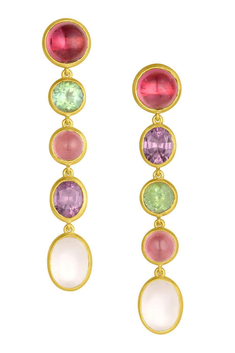 Tourmaline Moonstone Spinel Mixed Gemstone Line Earrings