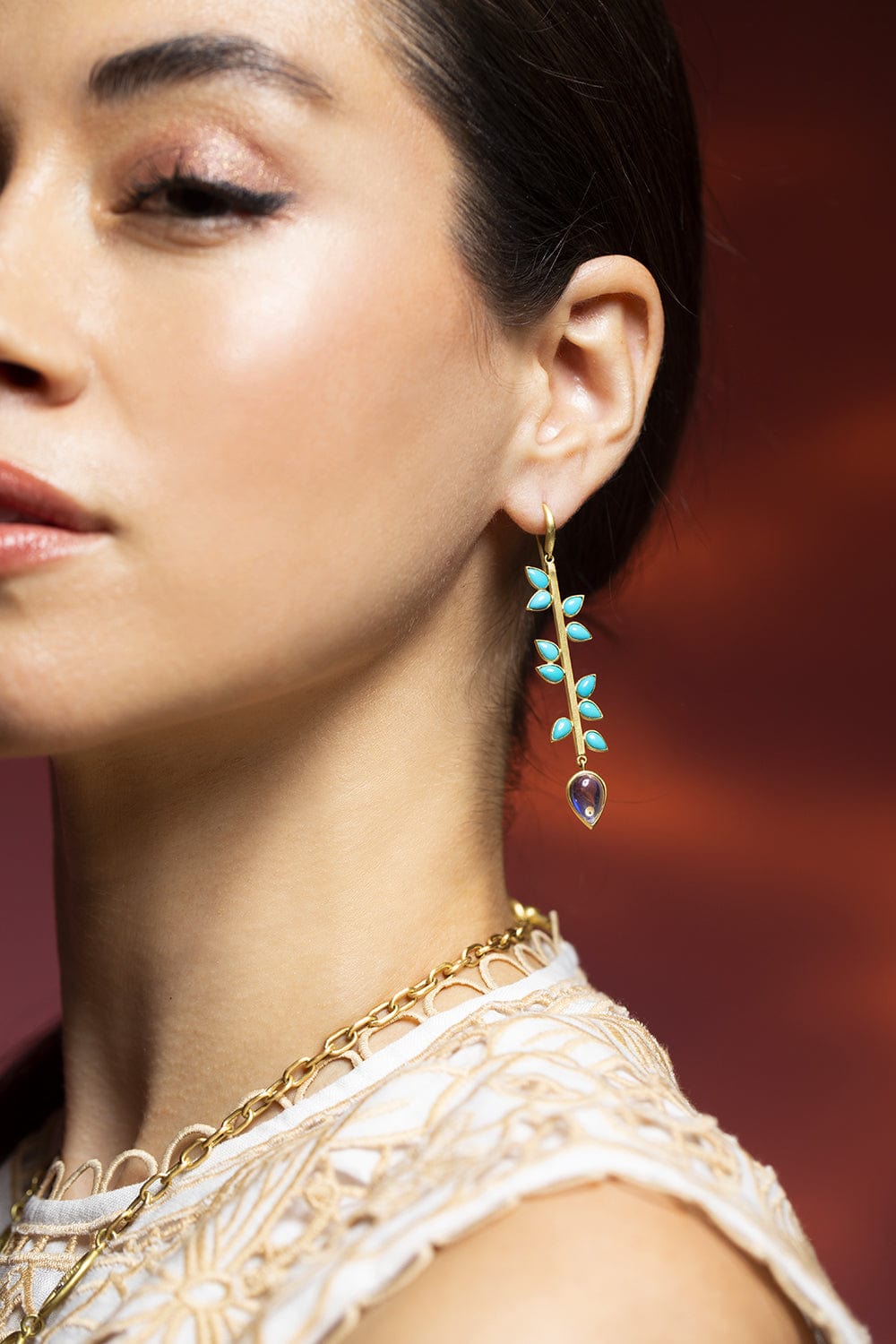 LEIGH MAXWELL-Turquoise and Moonstone Bahari Stick Earrings-YELLOW GOLD