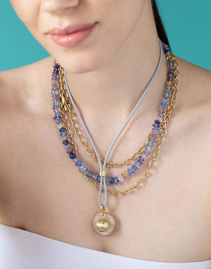 LEIGH MAXWELL-Diamond Slider on Grey Leather Cord-YELLOW GOLD