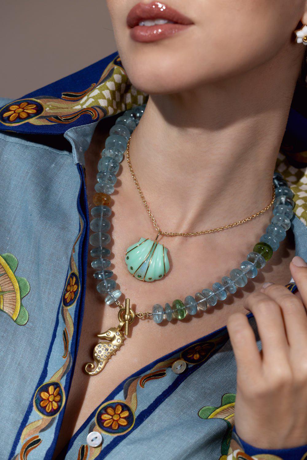 LEIGH MAXWELL-Large Aquamarine Beaded Necklace-YELLOW GOLD