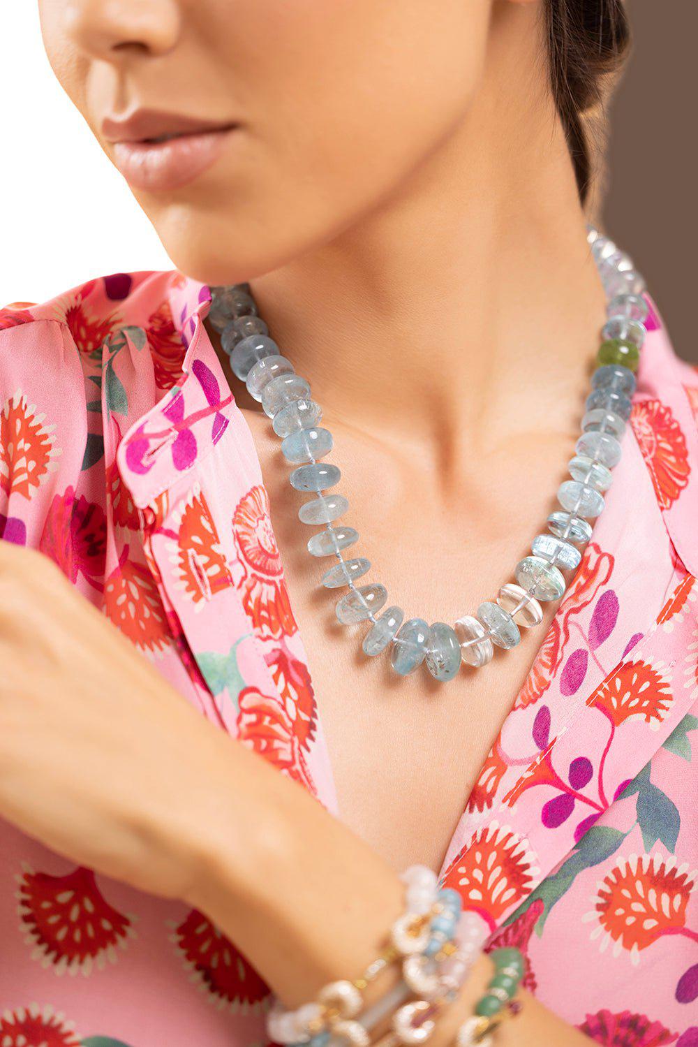 LEIGH MAXWELL-Large Aquamarine Beaded Necklace-YELLOW GOLD