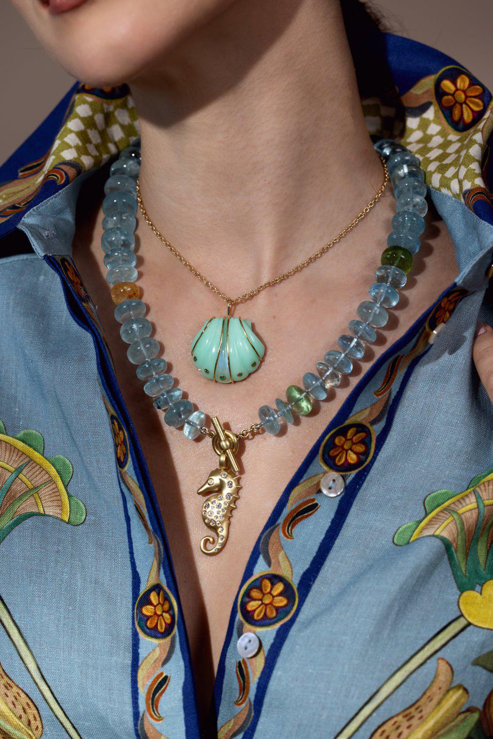 LEIGH MAXWELL-Large Aquamarine Beaded Necklace-YELLOW GOLD