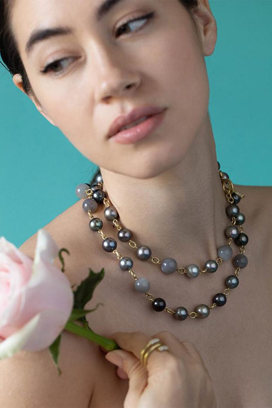 LEIGH MAXWELL-Tahitian Pearl and Grey Moonstone Necklace-YELLOW GOLD