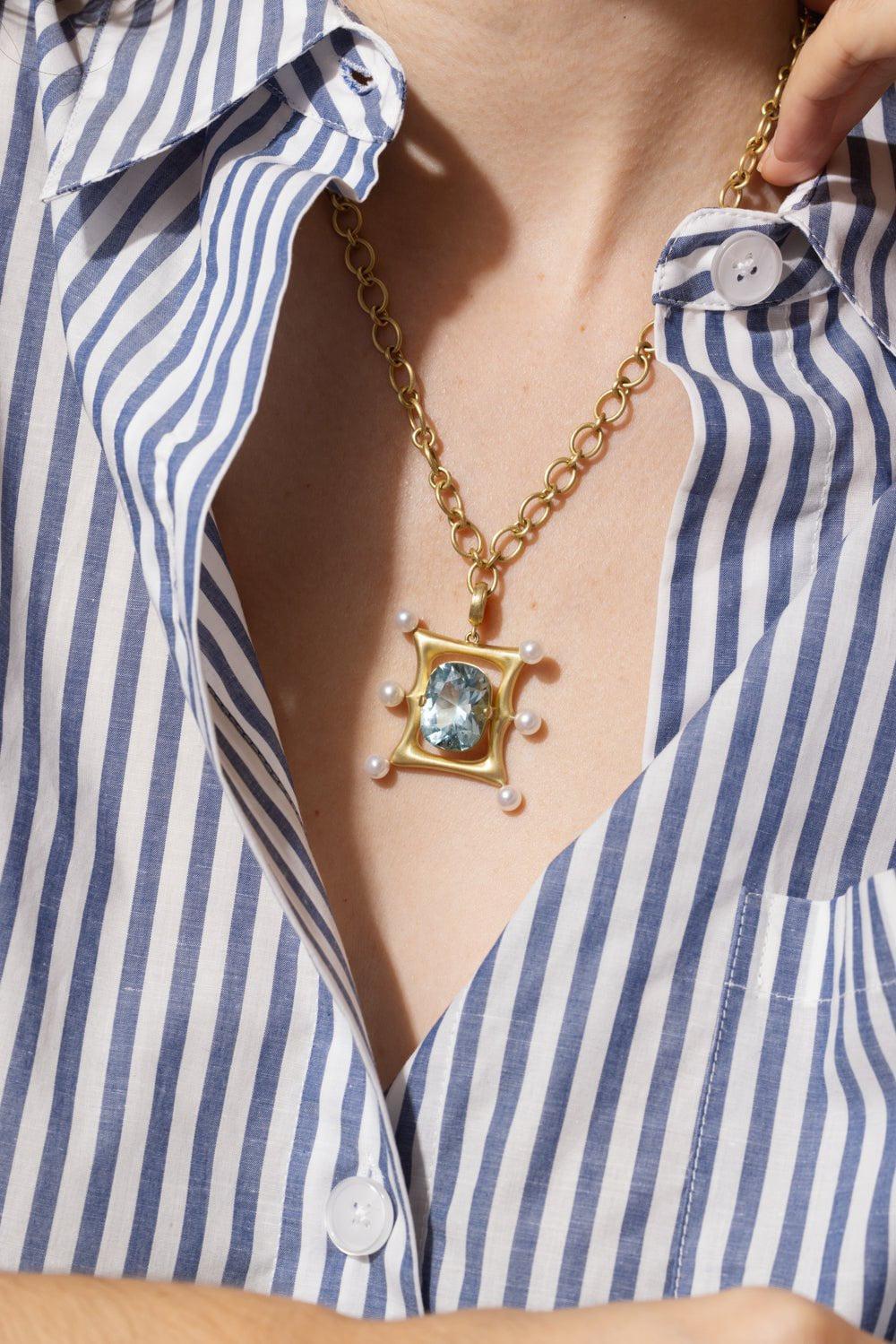 LEIGH MAXWELL-Aquamarine Akoya Pearl Frame Pendant-YELLOW GOLD