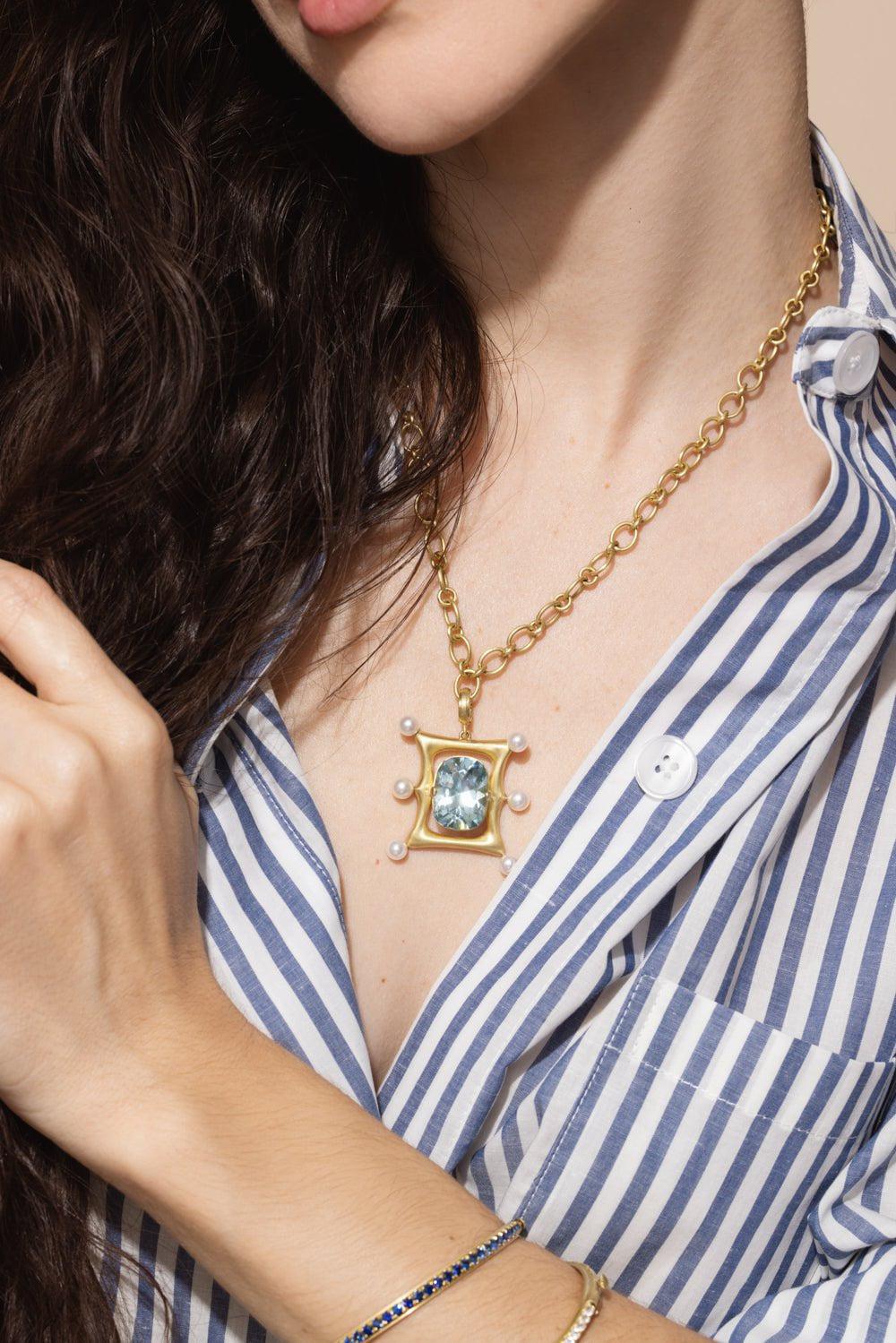 LEIGH MAXWELL-Aquamarine Akoya Pearl Frame Pendant-YELLOW GOLD