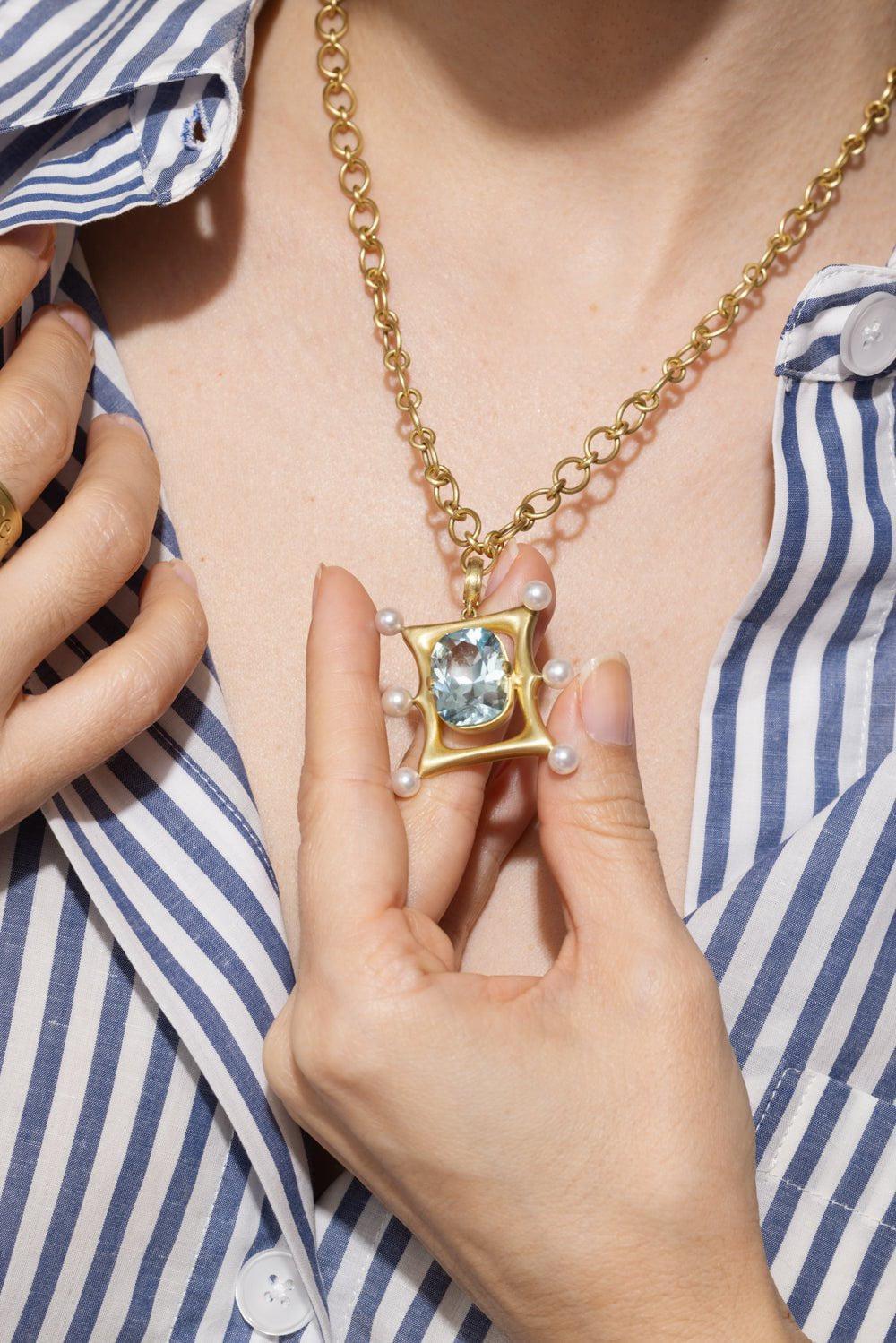 LEIGH MAXWELL-Aquamarine Akoya Pearl Frame Pendant-YELLOW GOLD