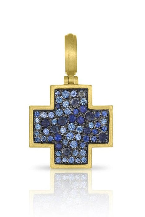 LEIGH MAXWELL-Blue Sapphire Pave Cross Pendant-YELLOW GOLD