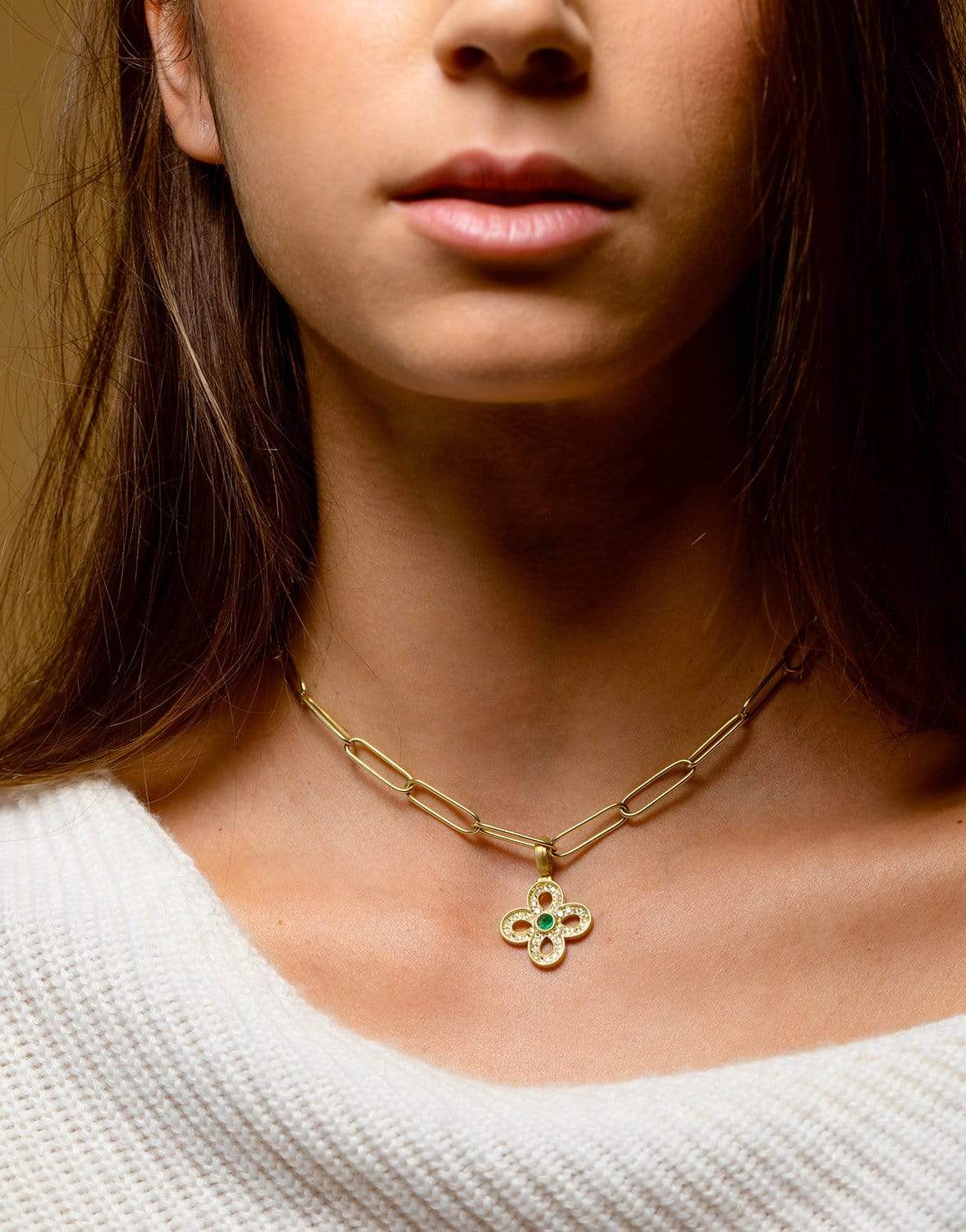 LEIGH MAXWELL-Emerald Four Leaf Clover Pendant-YELLOW GOLD
