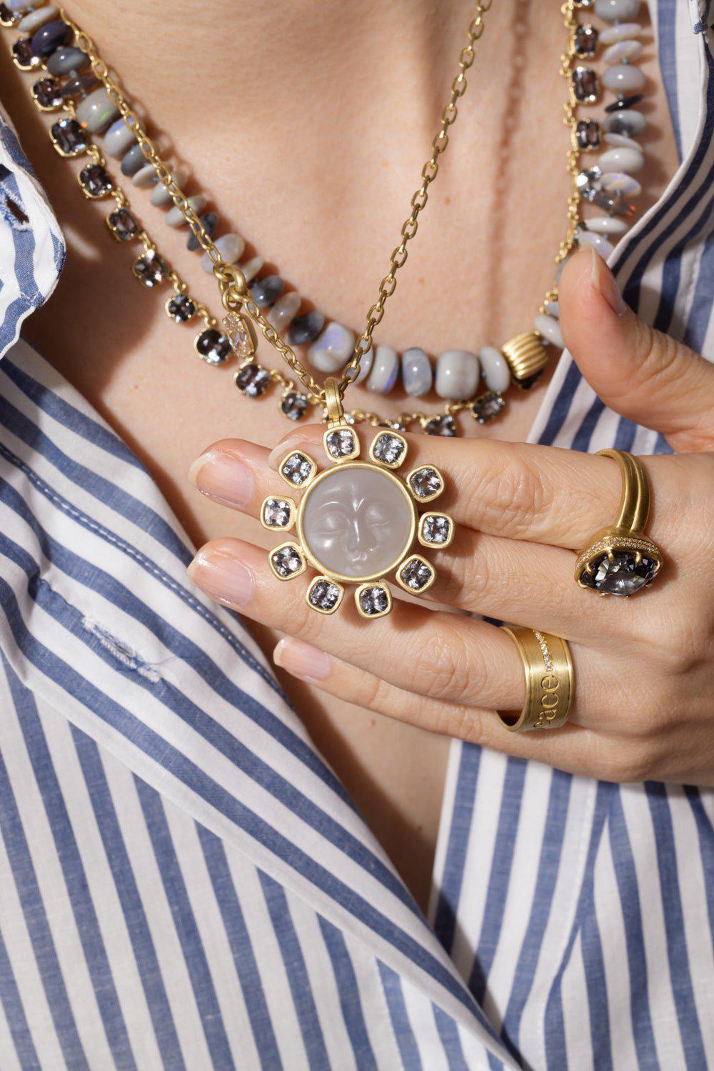 LEIGH MAXWELL-Grey Spinel Grey Agate Moonface Pendant-YELLOW GOLD