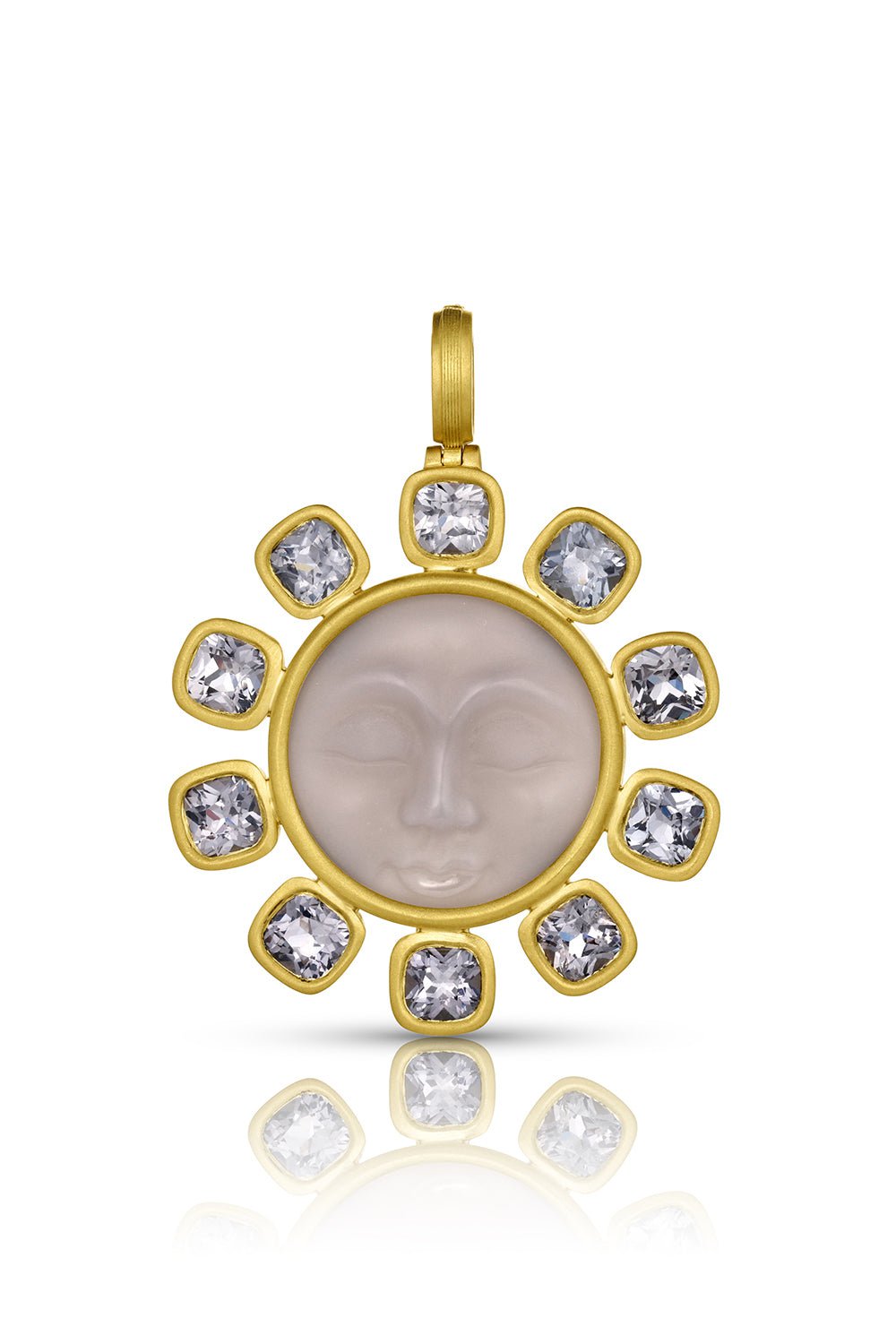 LEIGH MAXWELL-Grey Spinel Grey Agate Moonface Pendant-YELLOW GOLD
