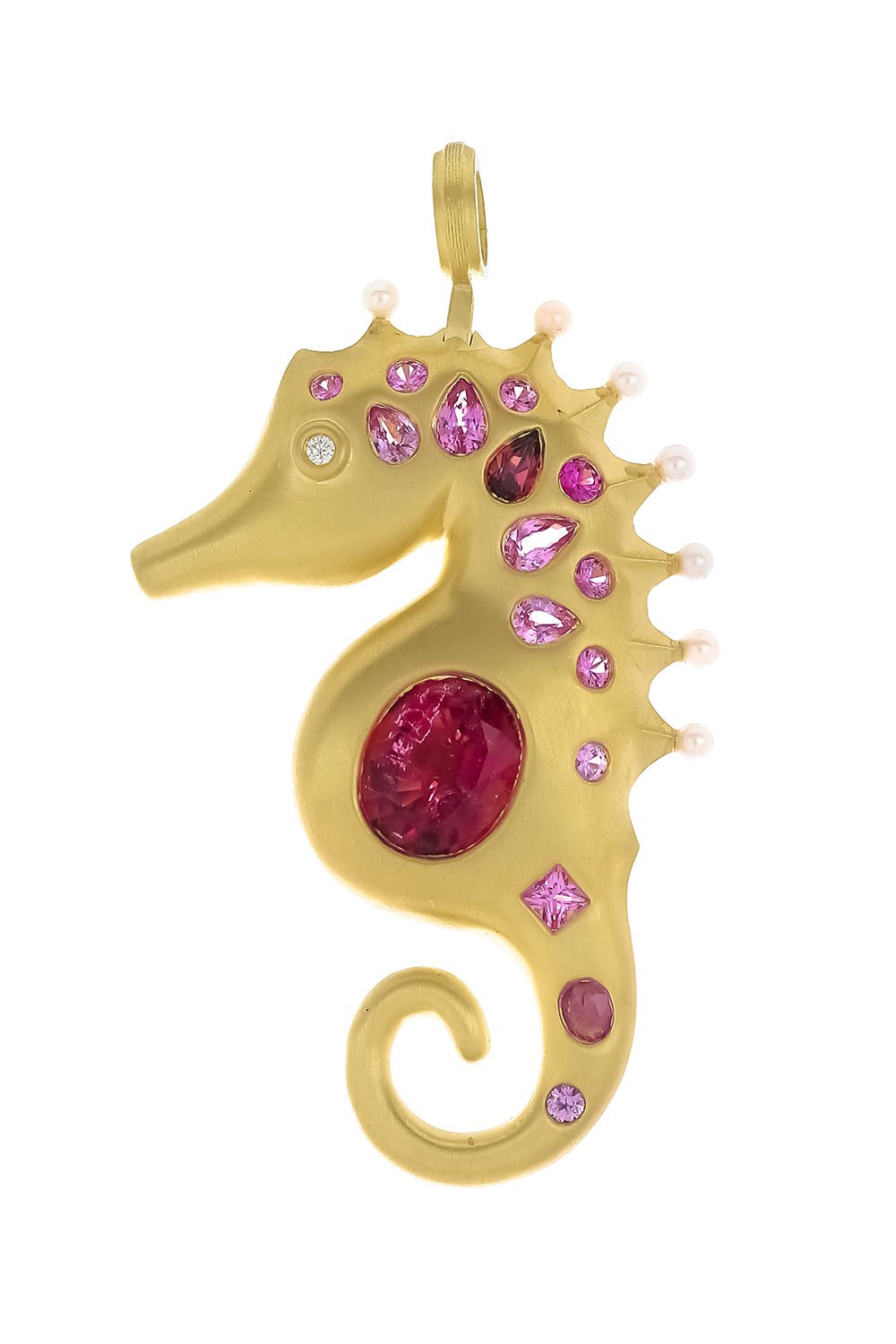 LEIGH MAXWELL-Pink Tourmline Large Seahorse Pendant-YELLOW GOLD
