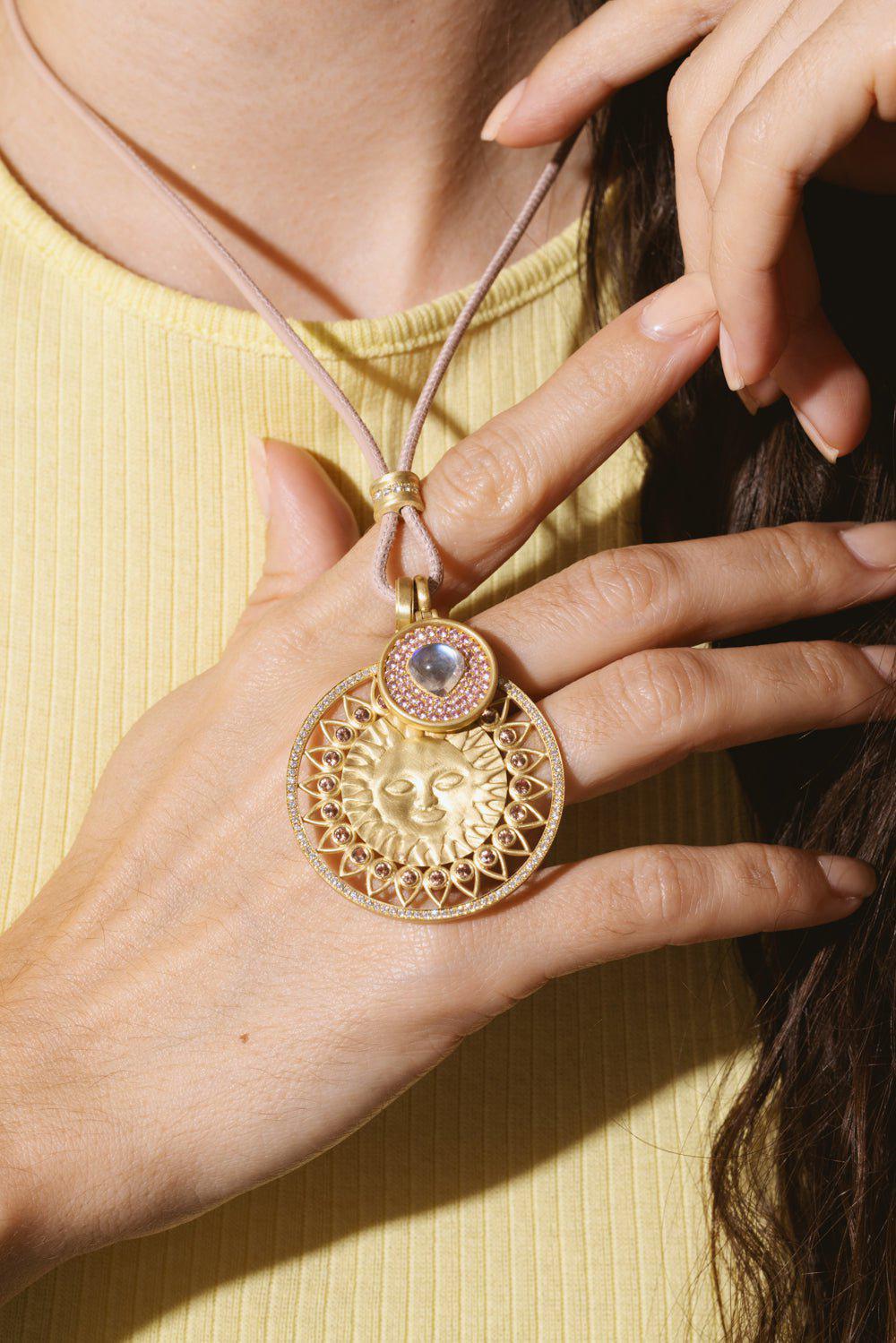 LEIGH MAXWELL-Pink Sapphire Heart Moonstone Amani Small Pendant-YELLOW GOLD