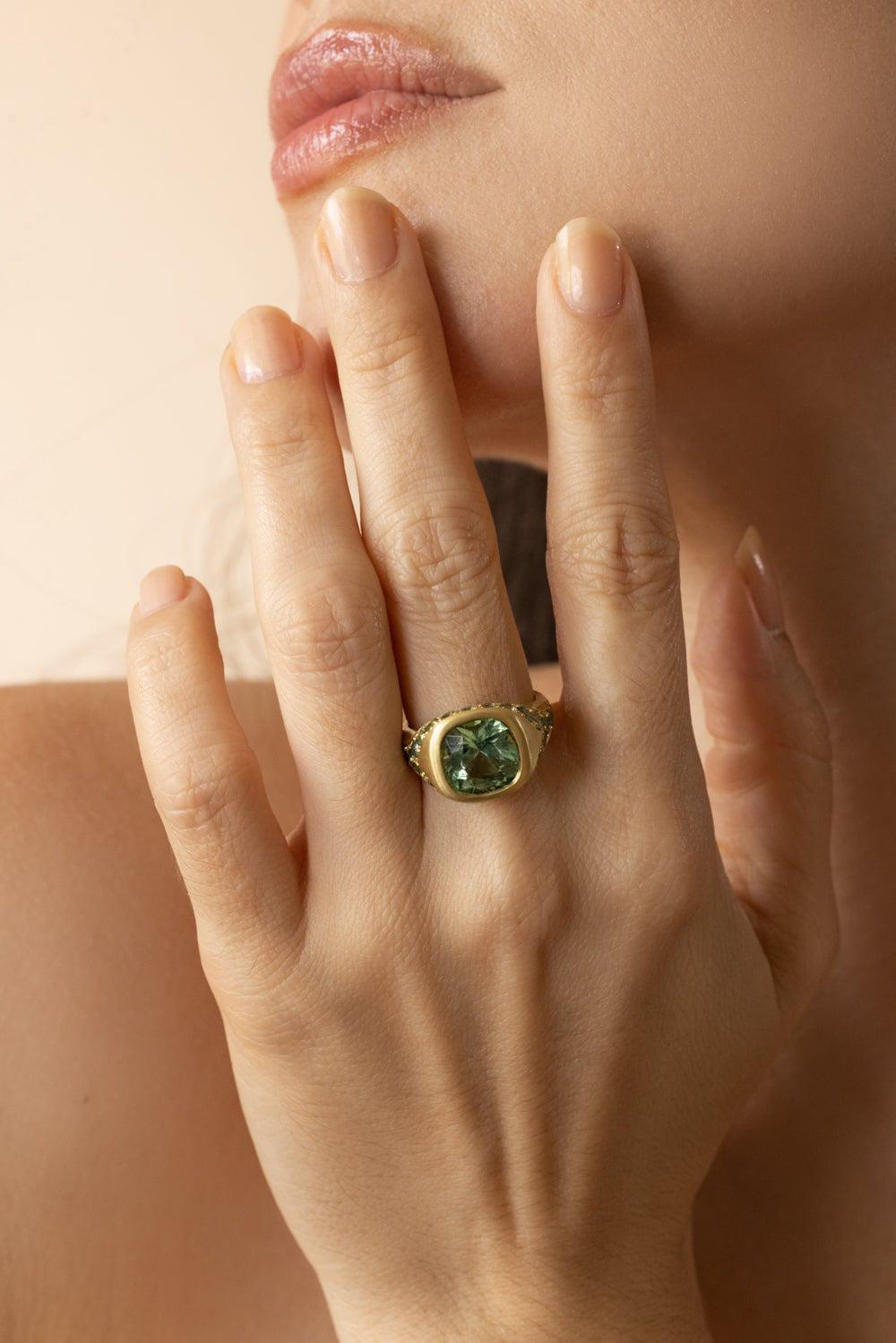 LEIGH MAXWELL-Green Tourmaline Bezel Set Ring-YELLOW GOLD