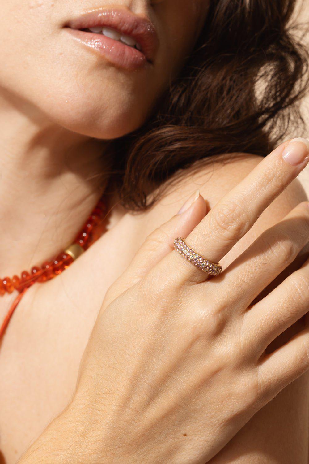 LEIGH MAXWELL-Pink Sapphire Diamond Triple Row Pavé Eternity Band-YELLOW GOLD