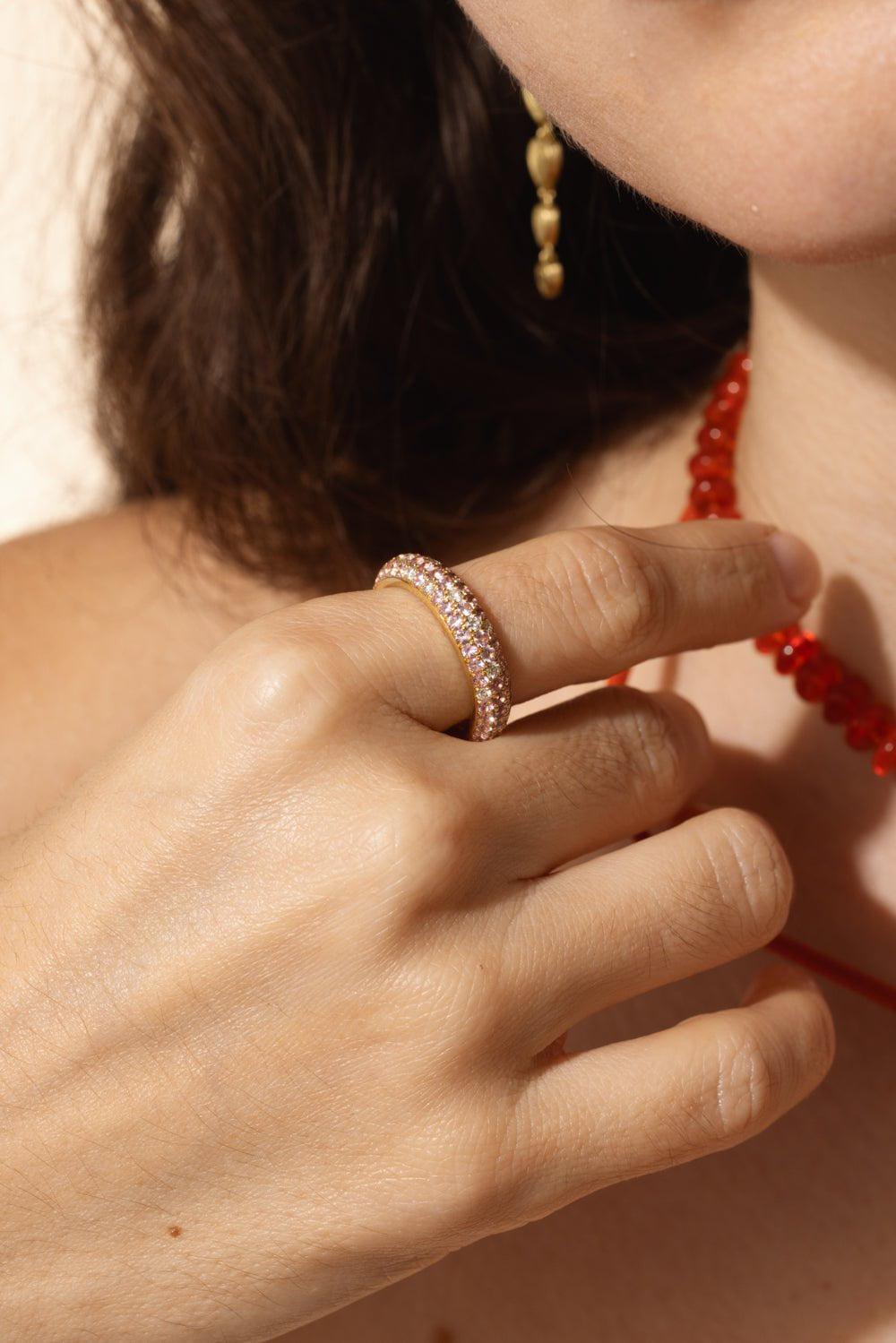 LEIGH MAXWELL-Pink Sapphire Diamond Triple Row Pavé Eternity Band-YELLOW GOLD