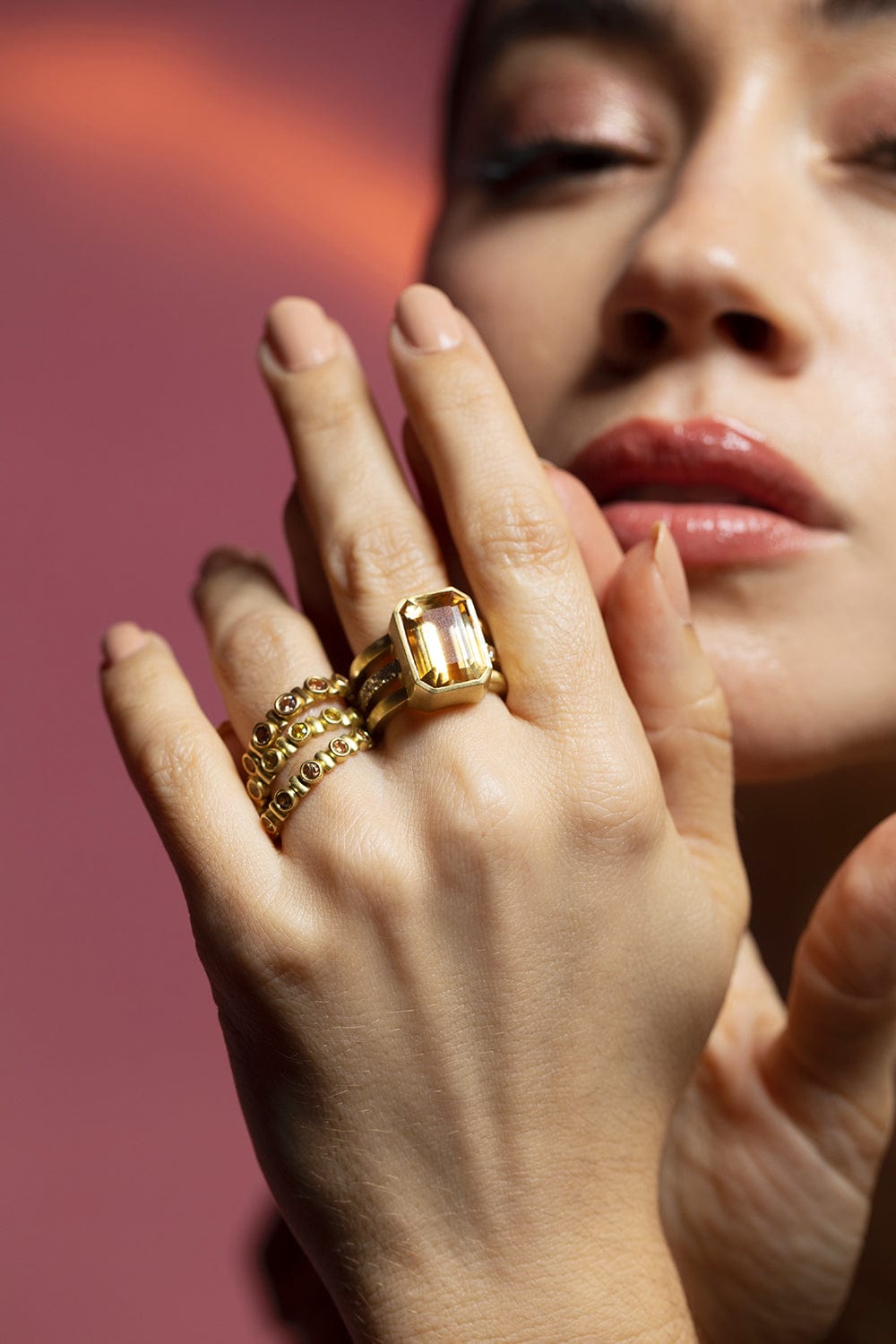 LEIGH MAXWELL-Citrine and Diamond Bar Triple Band Ring-YELLOW GOLD