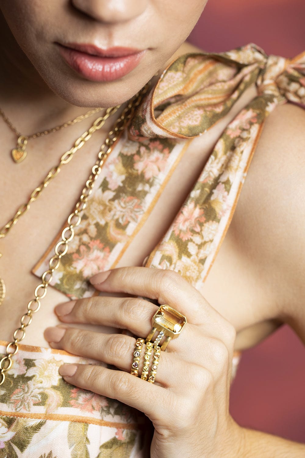 LEIGH MAXWELL-Citrine and Diamond Bar Triple Band Ring-YELLOW GOLD