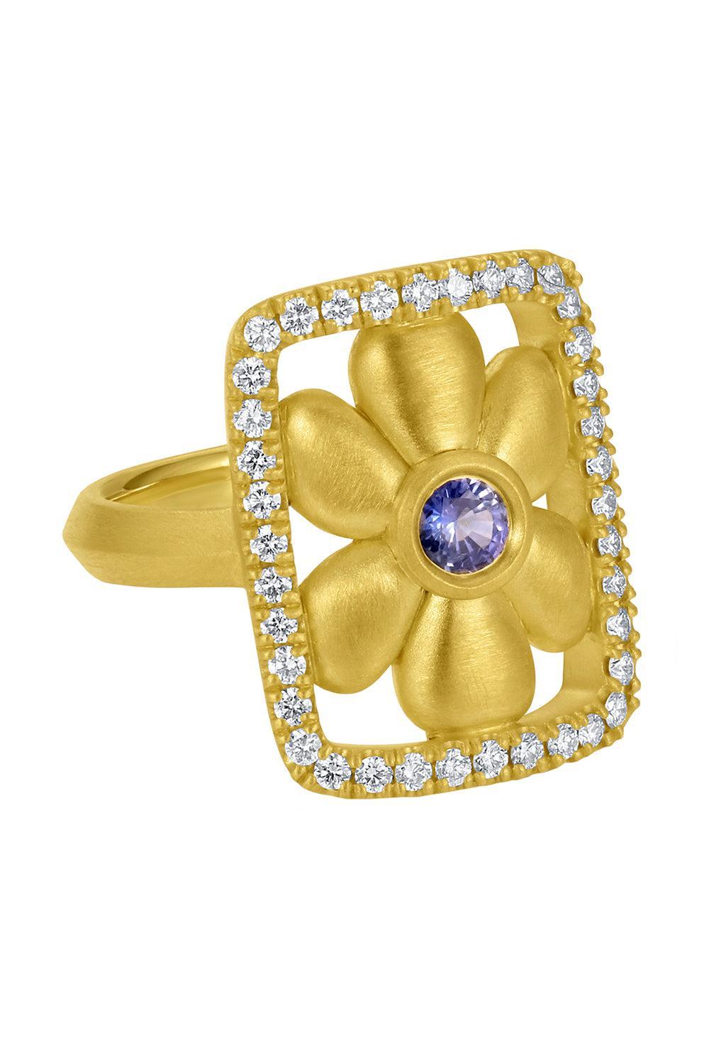 Blue Sapphire Diamond Flower Frame Ring-YELLOW GOLD-7.5-JEWELRYFINE JEWELRING-LEIGH MAXWELL