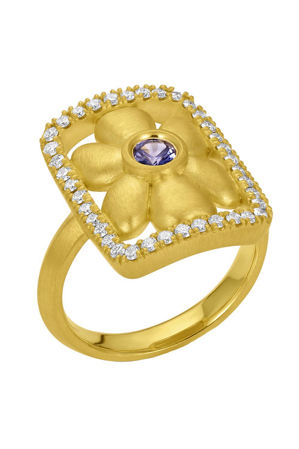 Blue Sapphire Diamond Flower Frame Ring-YELLOW GOLD-7.5-JEWELRYFINE JEWELRING-LEIGH MAXWELL