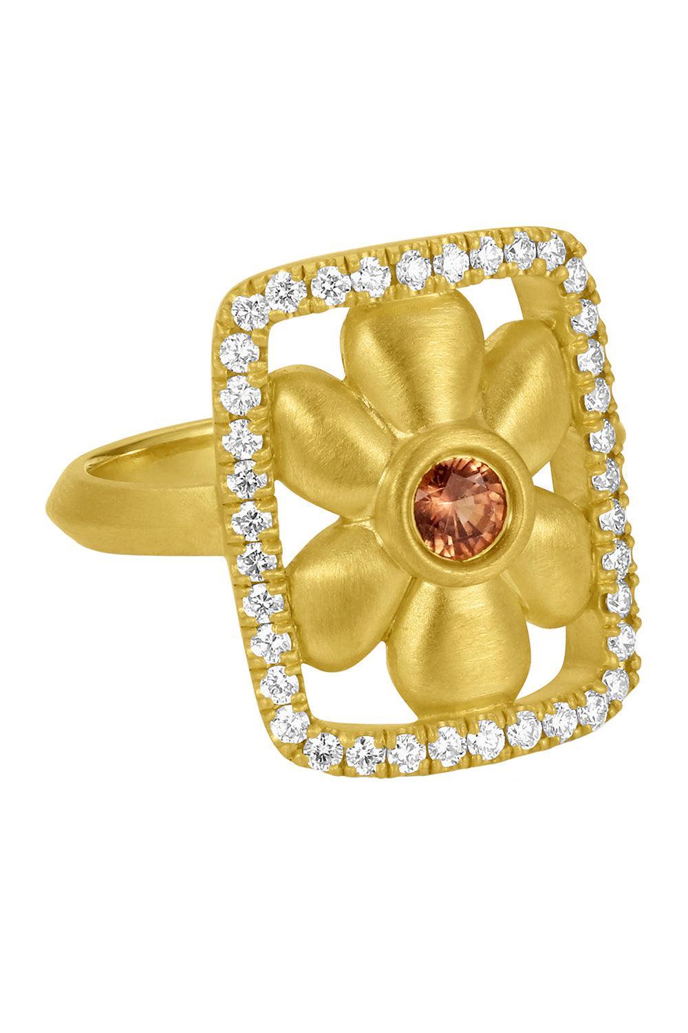 Orange Sapphire Diamond Flower Frame Ring-YELLOW GOLD-7.5-JEWELRYFINE JEWELRING-LEIGH MAXWELL