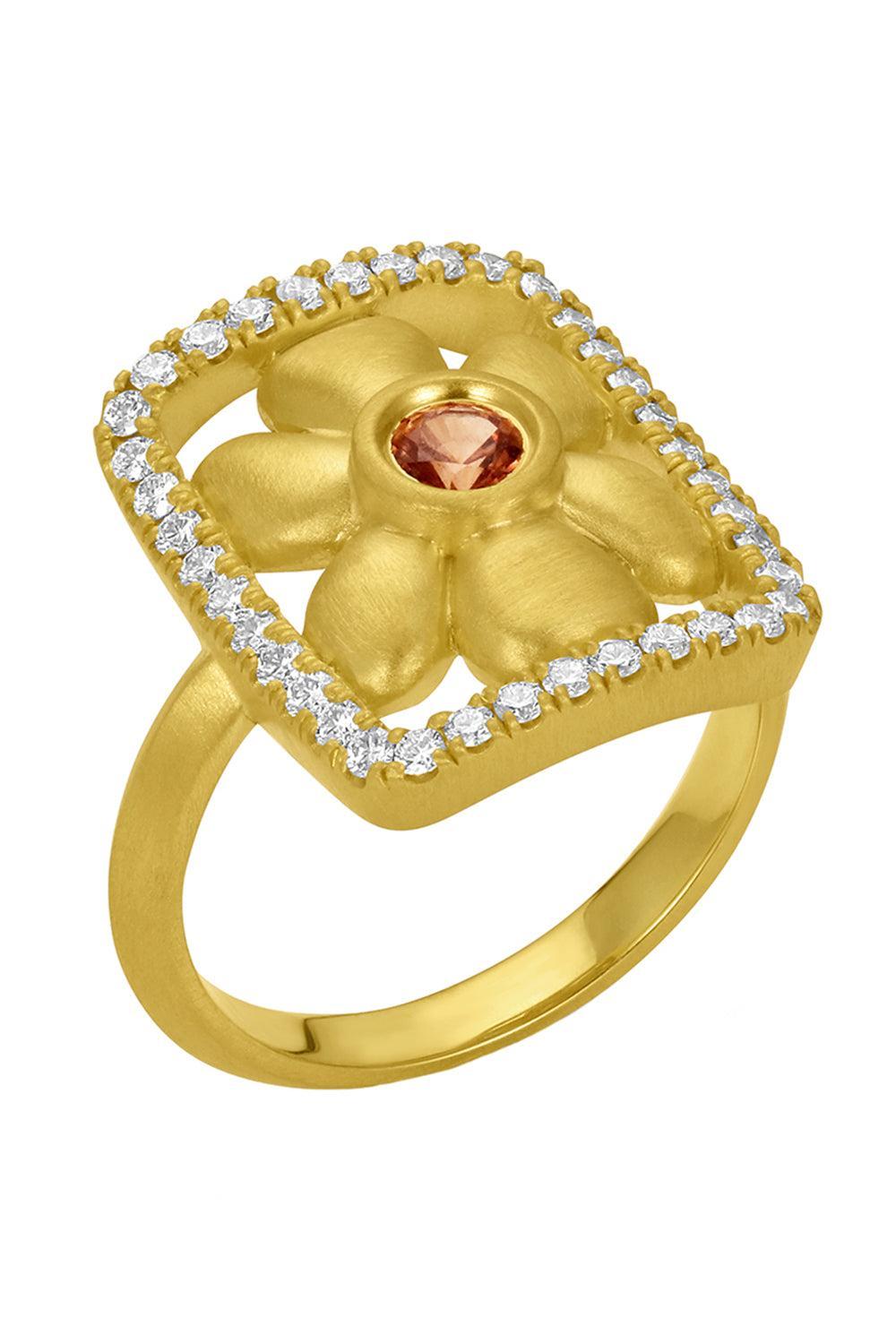Orange Sapphire Diamond Flower Frame Ring-YELLOW GOLD-7.5-JEWELRYFINE JEWELRING-LEIGH MAXWELL