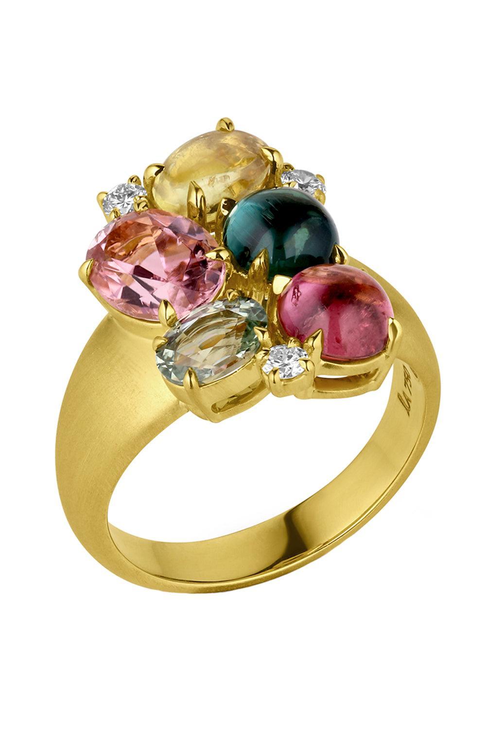 Tourmaline Sapphire Diamond Cluster Ring-YELLOW GOLD-7.5-JEWELRYFINE JEWELRING-LEIGH MAXWELL
