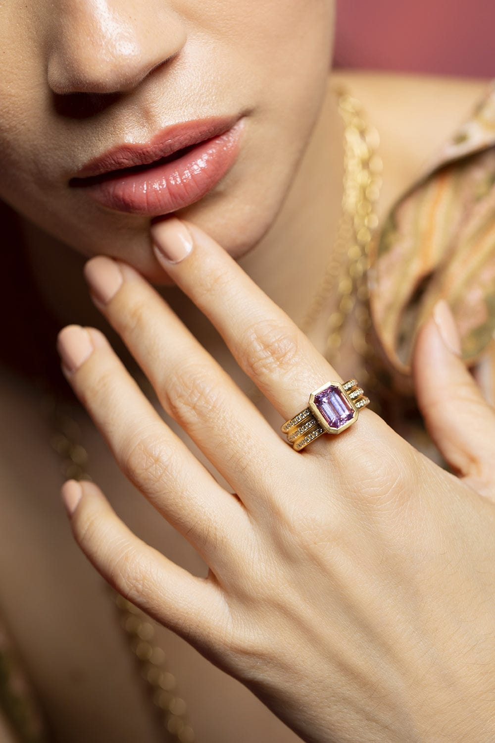LEIGH MAXWELL-Pink Sapphire Bar Wide Band Ring-YELLOW GOLD