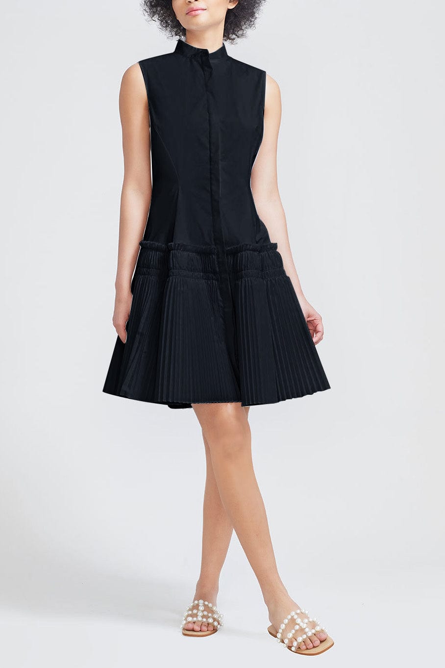 LELA ROSE-Pleated Flare Hem Dress - Navy-