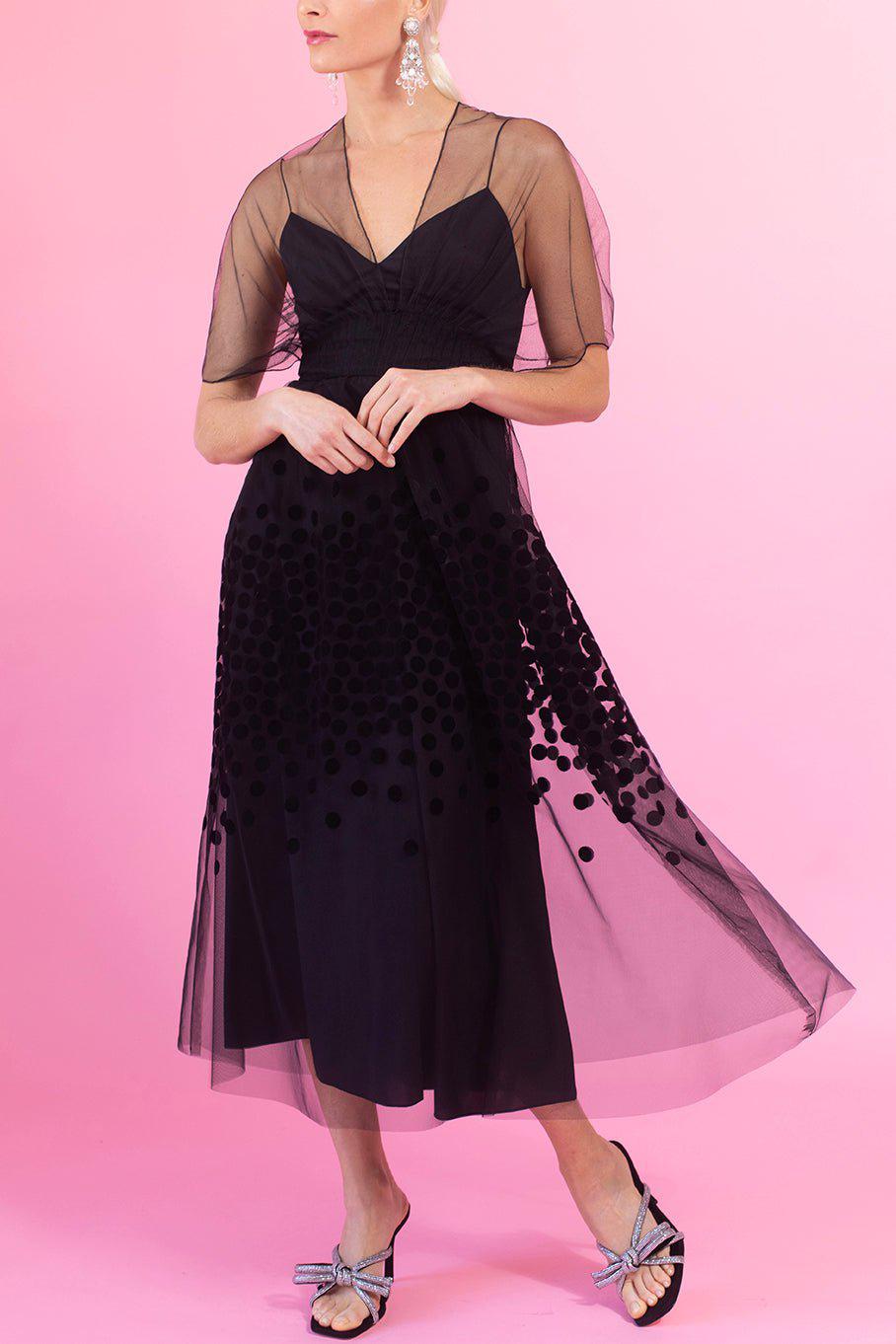 LELA ROSE-Flocked Dot V-Neck Midi Dress-