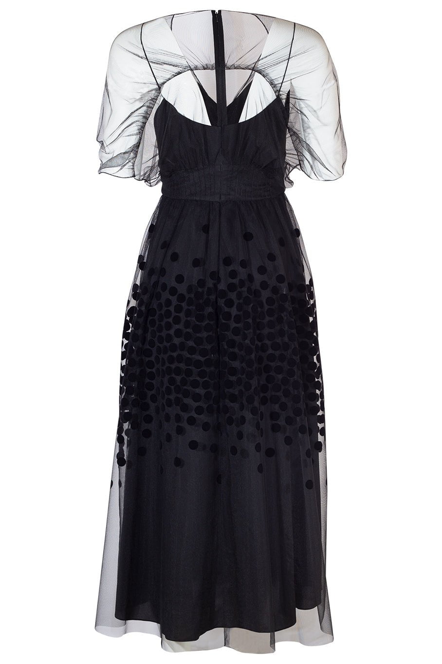 LELA ROSE-Flocked Dot V-Neck Midi Dress-